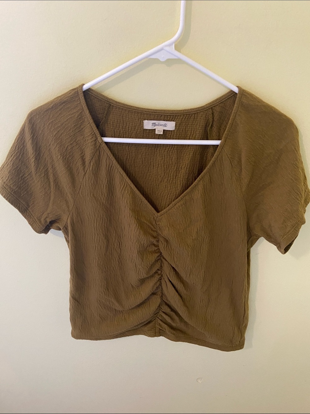 Madewell Olive Green Ruched V-Neck Crop Top